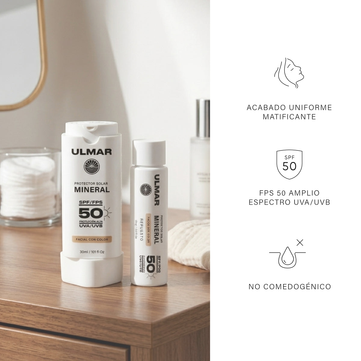 Ulmar Cartucho Recarga Protector Solar Facial FPS50 con color 30ml